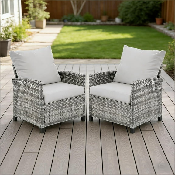 FHFO 2-Piece Outdoor Patio Sofa Set - All-Weather Wicker Single Armrest Chairs with Cushions, Grey-gray for Porch,Garden