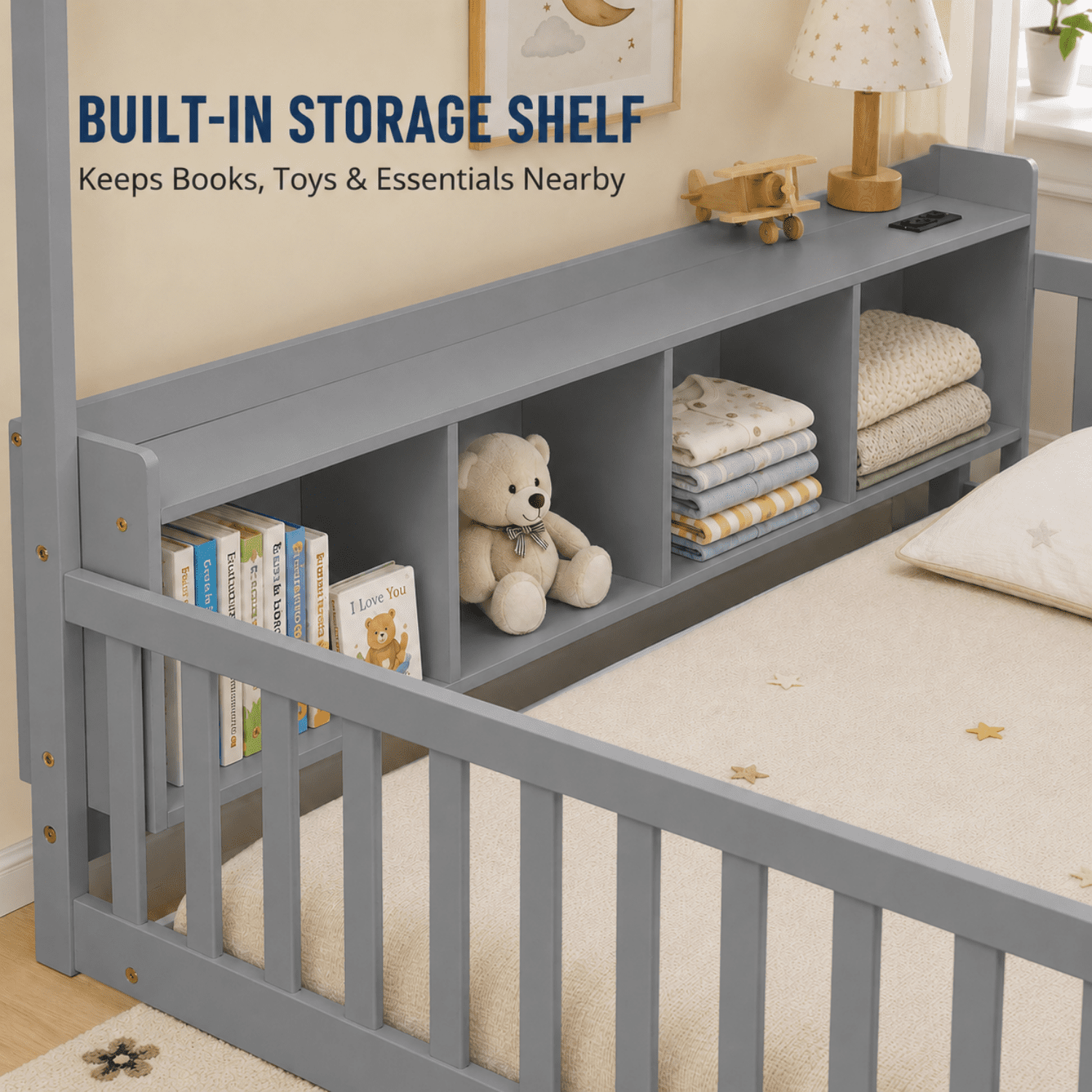 Miniyam Twin House Bed for Kids, Floor Bed with Storage, LED, Charging Station, Gray