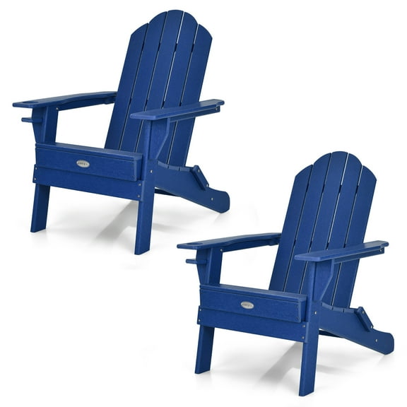 Gymax 2PCS Patio Folding Adirondack Chair Weather Resistant Cup Holder Yard Navy