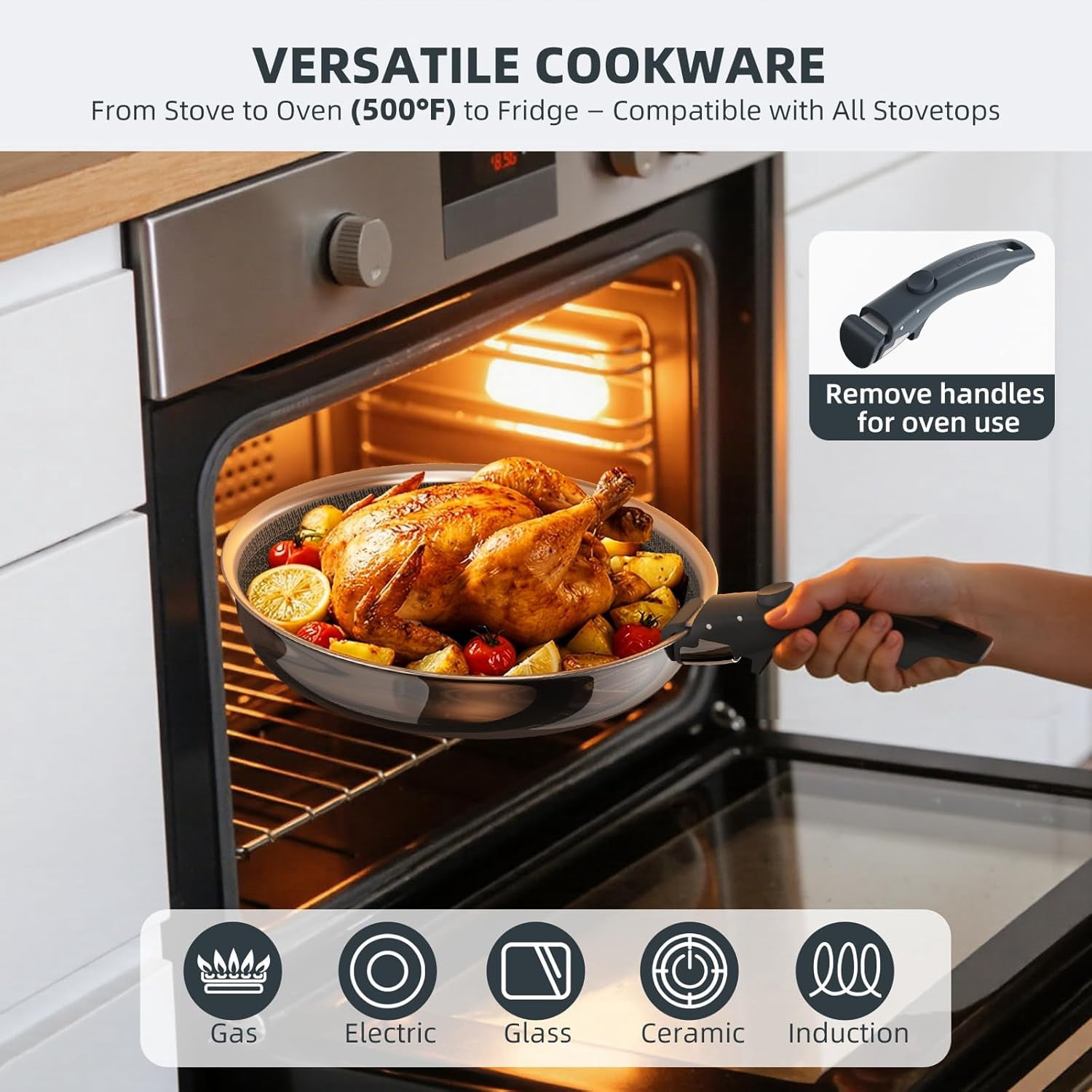 Hybrid Non Stick Frying Pans Set 3-Piece Tri-Ply Stainless Steel Detachable Handle Skillets for All Cooktops