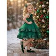 thumbnail image 5 of IBTOM CASTLE Toddler Kids Girls Pageant Sequin Flower Dress, Shiny Asymmetric Shoulder Formal Party Tiered Tulle Gowns 2-8T Green, 5 of 7