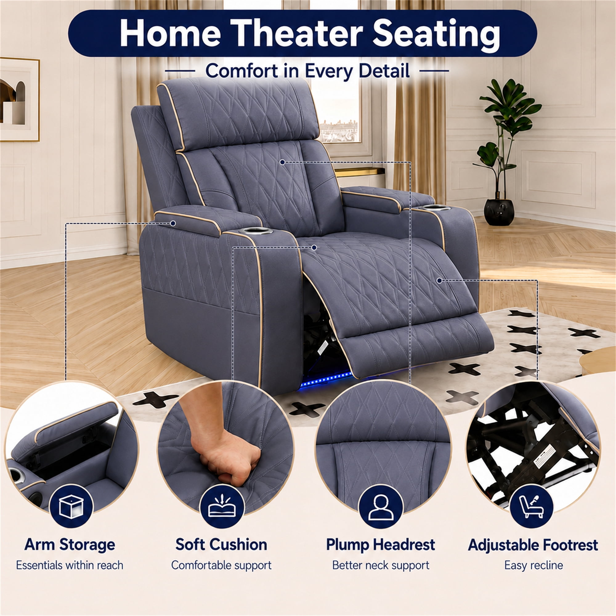 Aukfa Power Recliner RV Sofa with USB, Cup Holders & LED Lighting, Storage Arm, Home Theater Seating for Living Room, PU Leather, Blue Gray