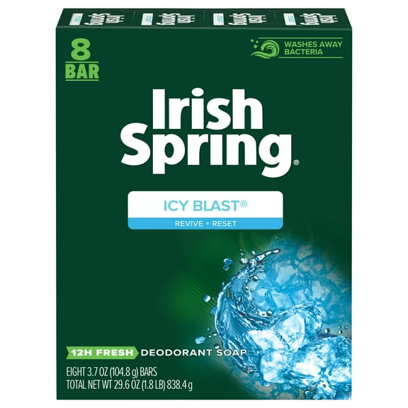 Irish Spring Icy Blast Deodorant Bar Soap for Men, All Skin Types, 3.7 Ounce, 8 Bar Pack