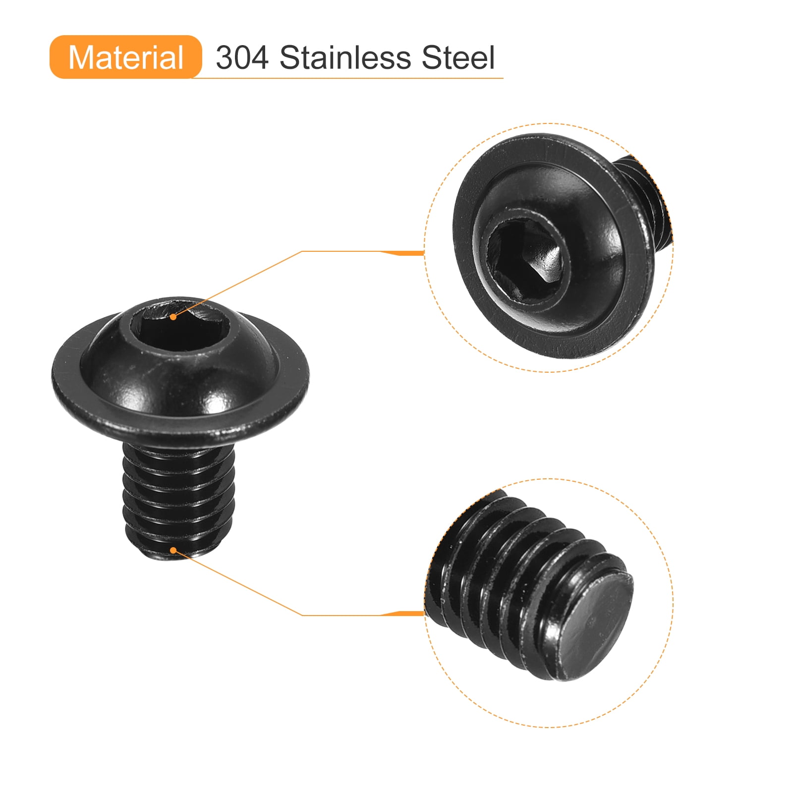 Uxcell Flanged Button Head Socket Cap Screws, 100 Pcs M6x10mm - 304 Stainless Steel Socket Drive Fasteners Bolts, Fully Thread Machine Screws (Black)