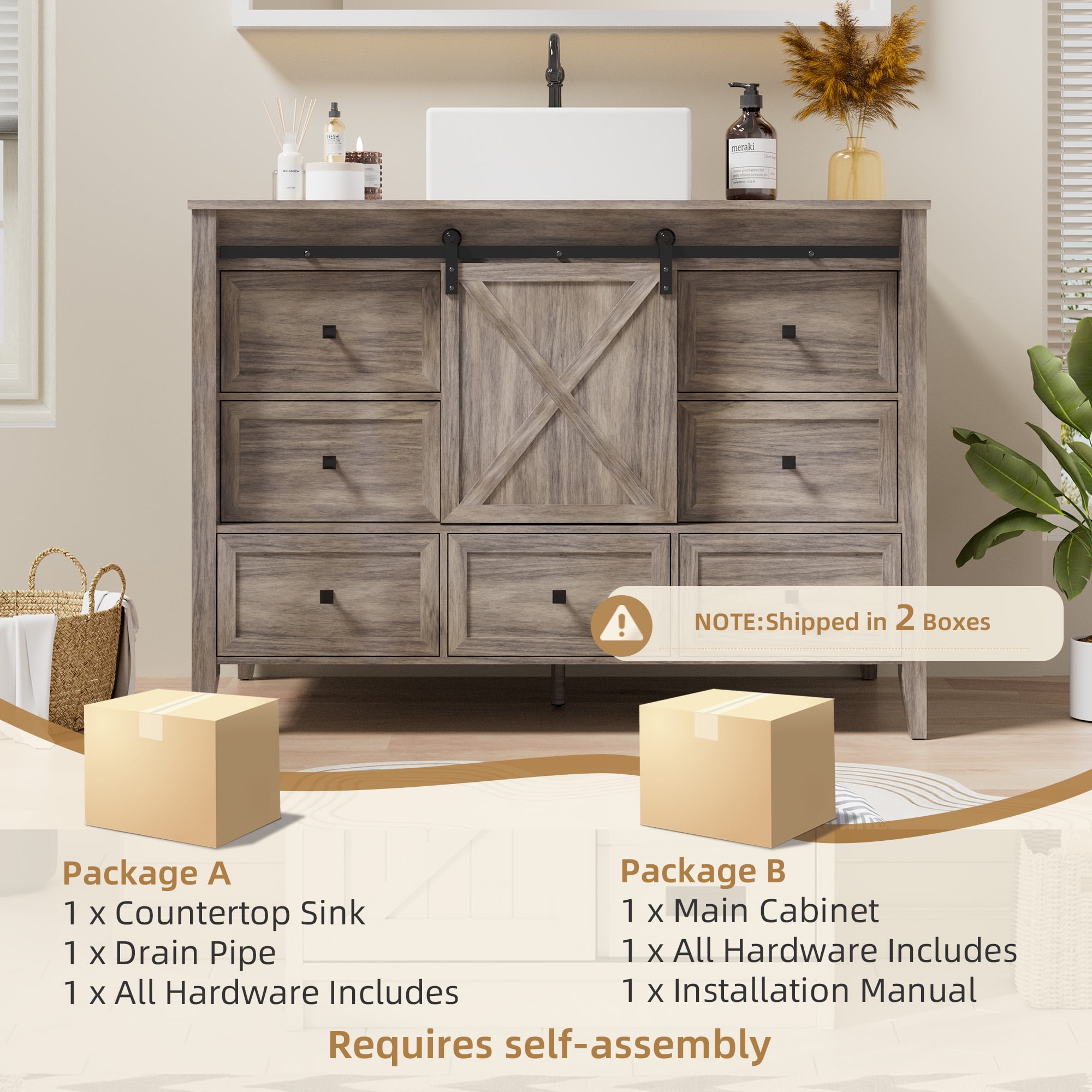 VNN Bathroom Vanity with Sink - 48 Inch Bathroom Vanity with Sink Ceramic, Freestanding Cabinet with Farmhouse Sliding Barn Door and 7 Drawers, Space-Saving Storage Cabinet, Grey Wood Grain Texture