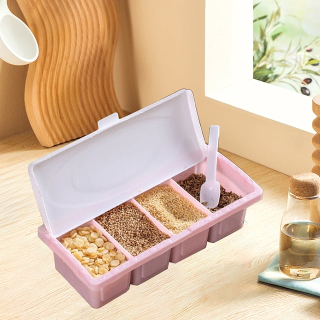 Plastic Seasoning Box with Spoon - Flip Lid Container for Snacks & Kitchen Supplies, Portable Food Storage Jar, Household Combination Set, Pink, JKODE