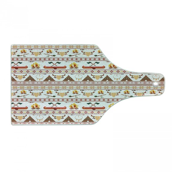 Tribal Cutting Board, Pattern with Geometrical Borders Art Print, Decorative Tempered Glass Cutting and Serving Board, Wine Bottle Shape, Red Marigold and White, by Ambesonne