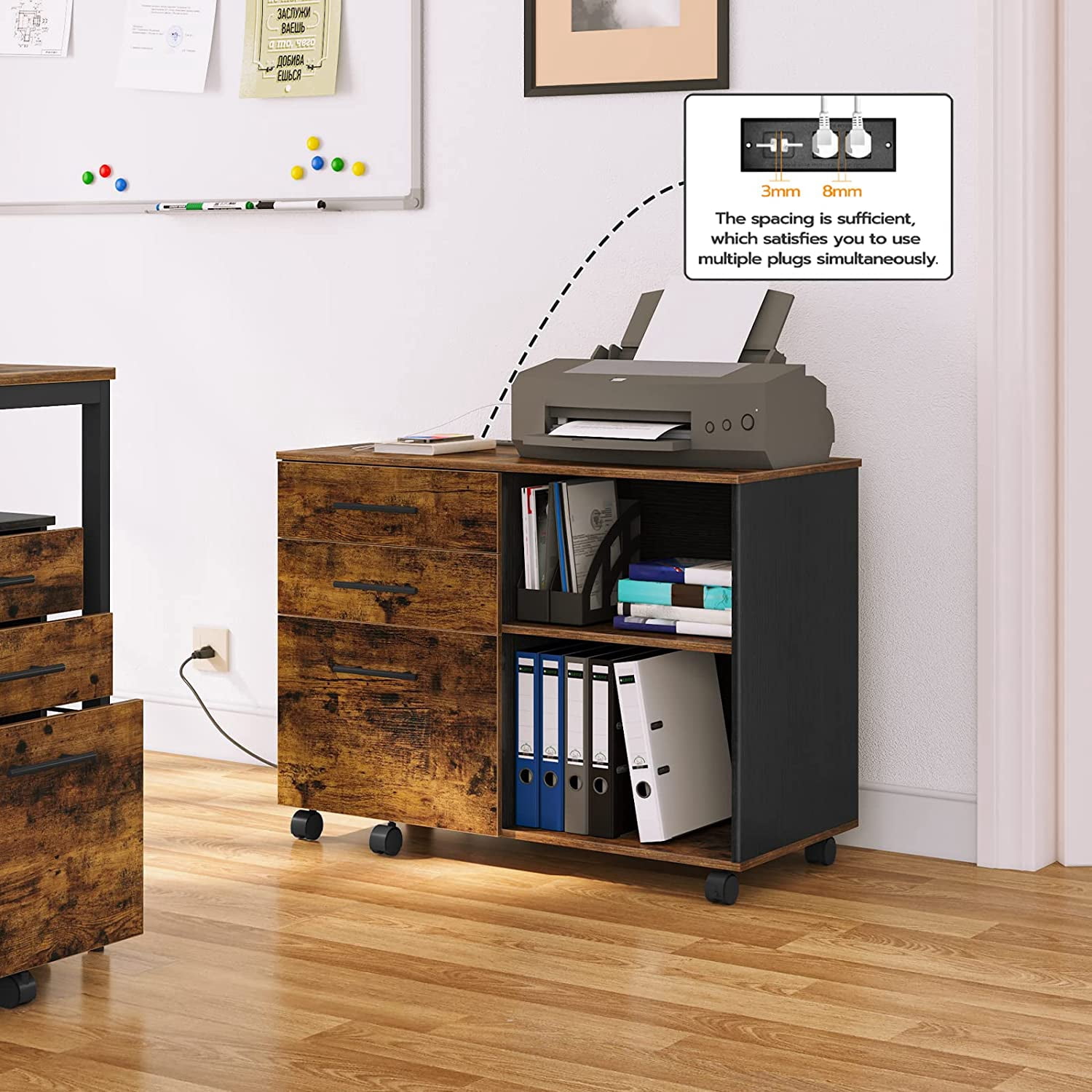HOOBRO Lateral File Cabinet with Charging Station, 3 Drawers, Printer Stand & Hanging Files, Black