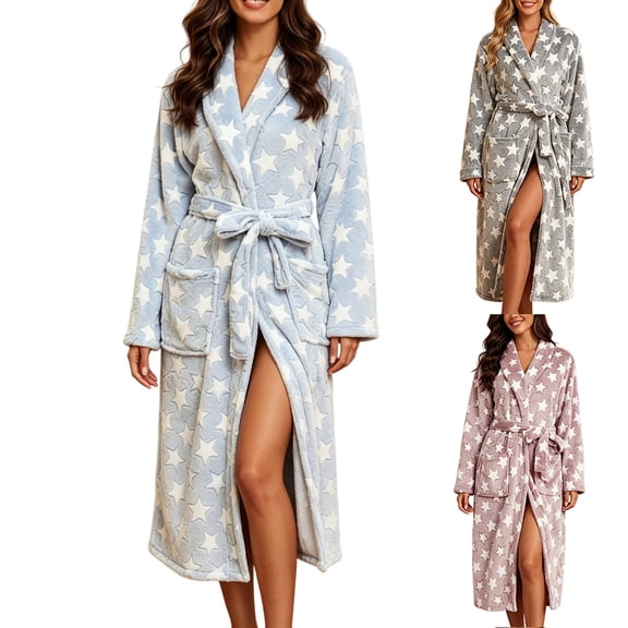 Women's Flannel Fleece Bathrobe with Star Print , Thick Long Sleeve Shawl Collar Robe with Belt and Pockets, Warm Winter Sleepwear for Home