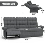 Recliner Sofa Couch Set, 3 Seat Electric Recliner with Remote Control and Side Pocket for Families and Friends, Modern Power Recliner Sofa for Living Room Home Theater, Gray