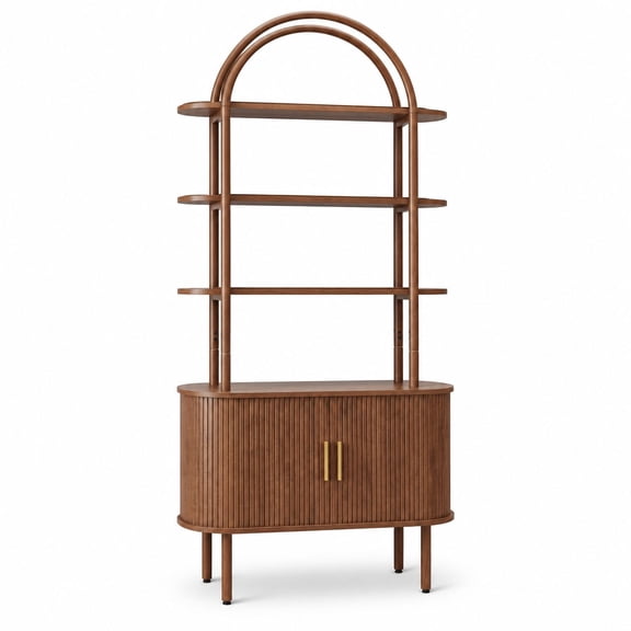 71 Inch Arched Bookshelf, Mid Century Modern Bookcase with Doors, Record Player Stand, 4-Tier Open Display Shelves for Home Office Living Room, Walnut