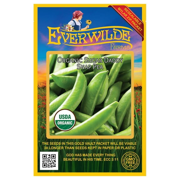 Everwilde Farms - 75 Organic Sugar Daddy Snap Pea Seeds - Gold Vault Jumbo Bulk Seed Packet