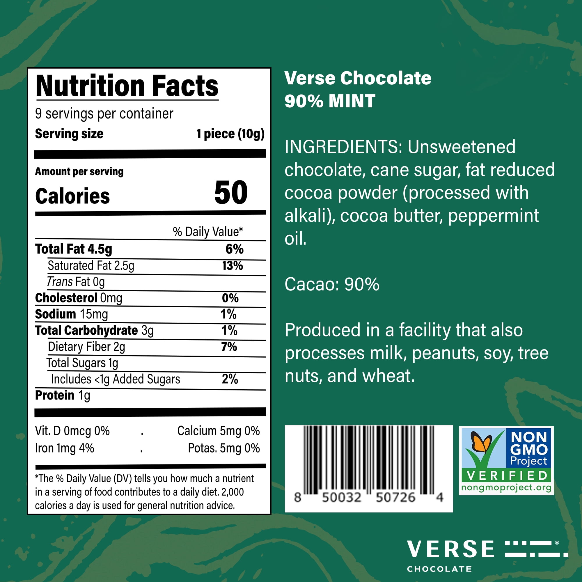 Verse 90% Dark Chocolate Mint Squares - Gluten Free, Keto, Low Sugar Snack - Creamy Dark Cocoa - Only 1g Cane Sugar- Individually Wrapped Vegan Cacao Chocolate Squares (9 Count, 4 Pack)
