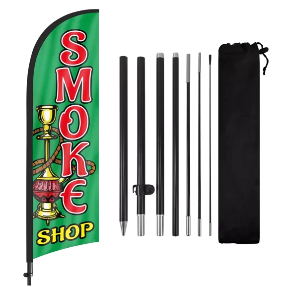QSUM Smoke Shop Sign Feather Flag with Pole Kit,8.2FT Smoke Shop Decoration Display, Smoke Shop Business Sign,Smoke Shop Swooper Flag