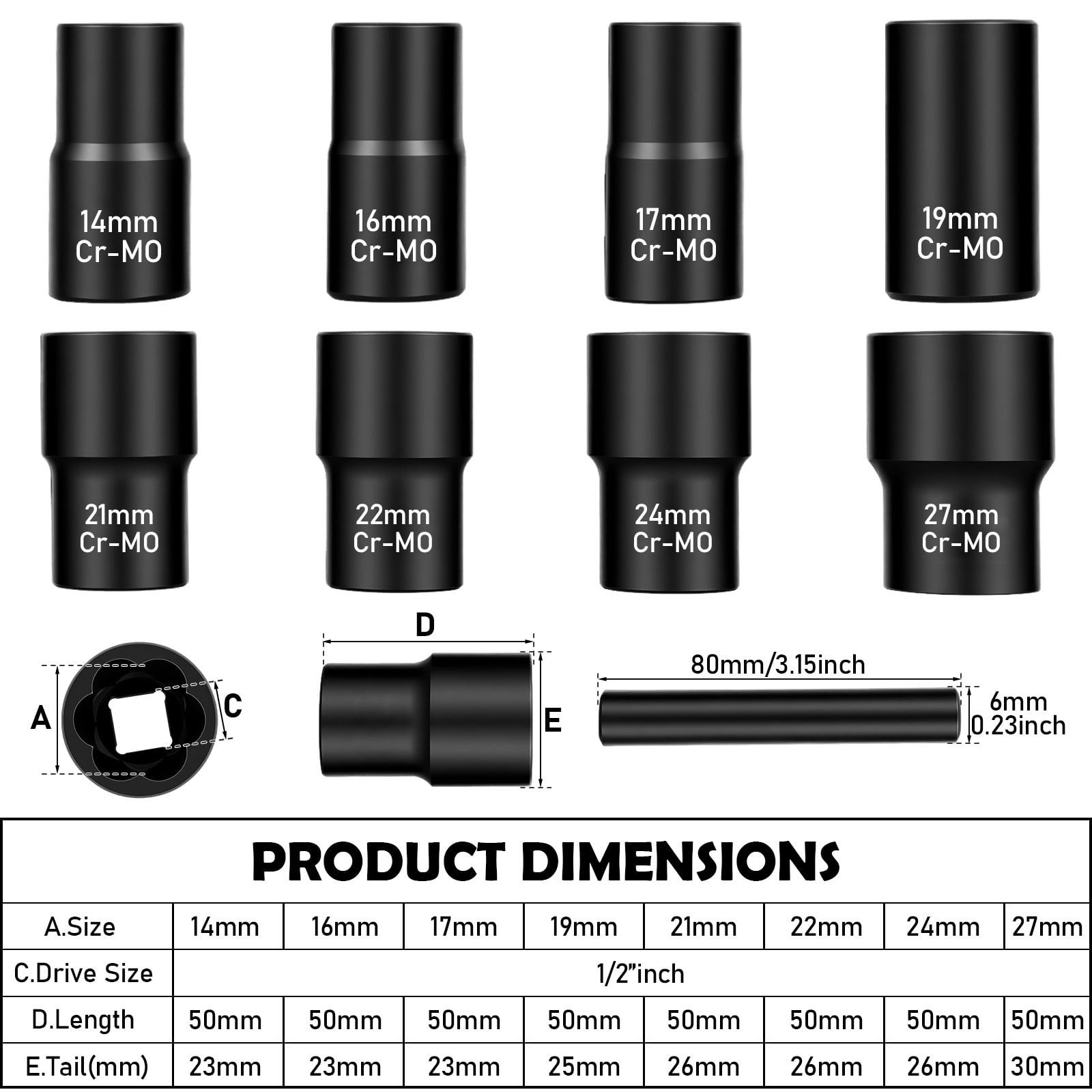 AEVXKHI 9PCS Lug Nut Extractor Set, 1/2" Drive Impact Bolt Remover Socket Tool, Wheel Lock Removal Kit, Easy Out Extractor Set for Damaged, Frozen, Rusted, Rounded-Off Bolts