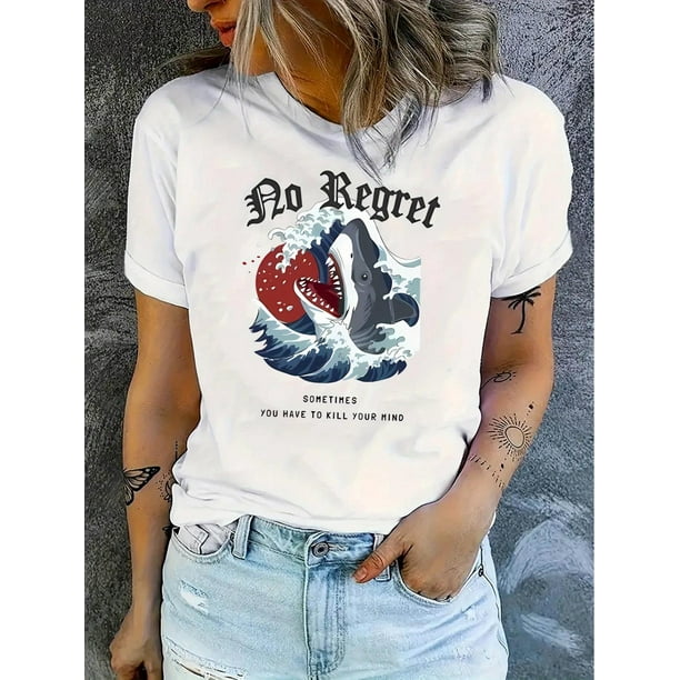Women's "No Regret" Shark & Wave Graphic Tee - Casual Round Neck Short Sleeve, Comfortable Polyester Blend, Machine Washable Summer Top
