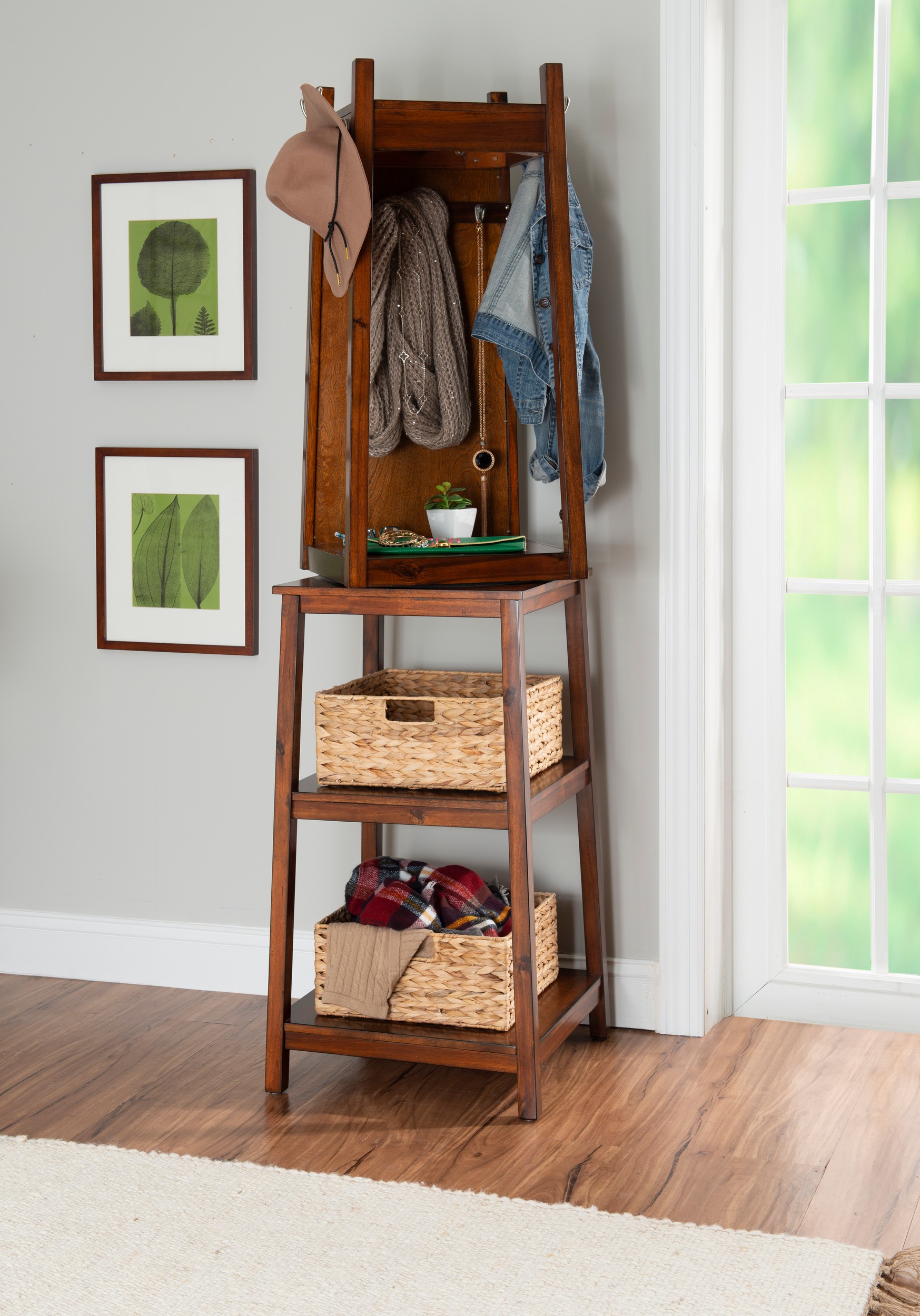 Powell Keswick Rotating Coat Rack with Mirror, Cherry