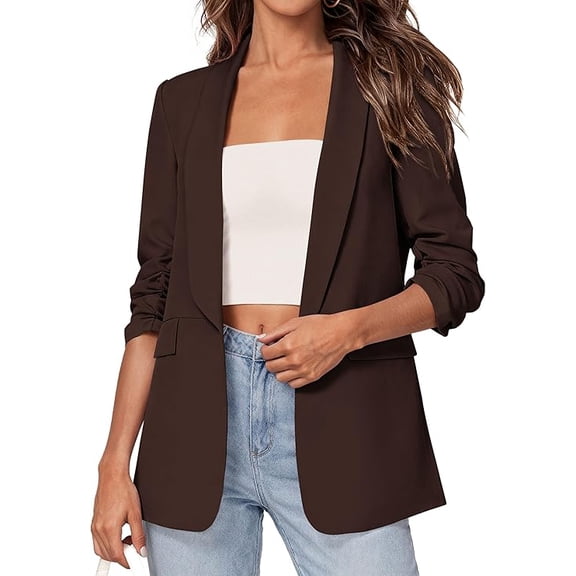 PRETTYGARDEN Women's Spring Blazers Business Casual Outfits Open Front Ruched 3/4 Sleeve Lightweight Work Suits Jackets