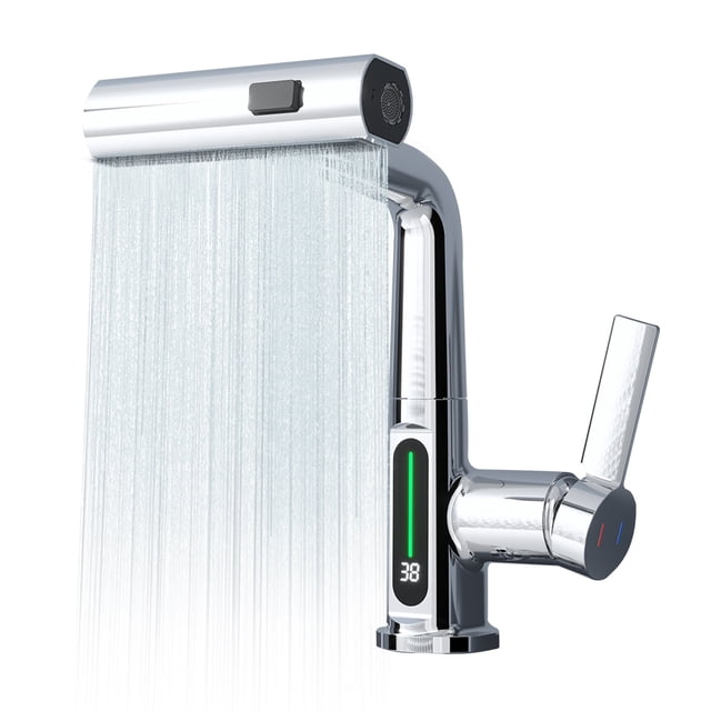 Kitchen Faucet with Pull Down Sprayer LED Temperature Display Adjustable Height and 360 Degrees Swivel 3 Modes Single-Handle Stainless Steel Pull-Out Basin Mixer Tap