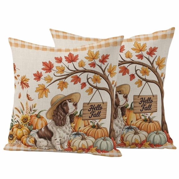 Outdoor Pillow Covers 26 x 26 Inches, Fall Puppy Waterproof Throw Pillow Cover Set of 2, Country Dog Pumpkin Maple Leaf Plaid Orange Decorative Square Cushion Covers for Patio/Tent/Couch/Garden
