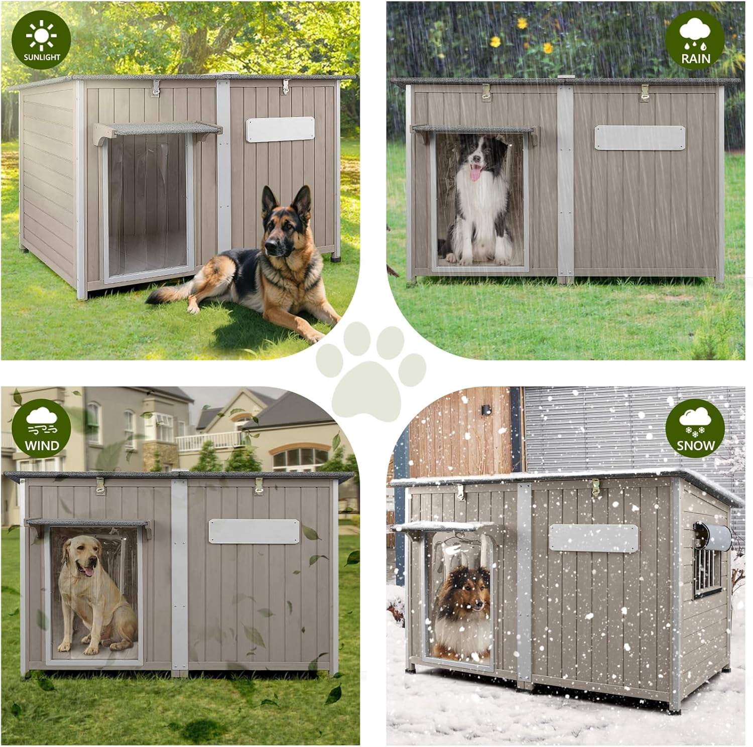 PETSCOSSET Large Dog House, Outdoor Wooden Dog Kennel with Removable Floor, Openable Roof  for Medium to Large Dogs, Gray