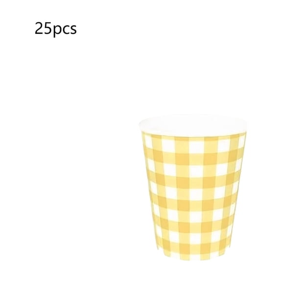 Thanksgiving Party Supplies, 25pcs Yellow White Gingham Paper Cups Set, Fall Disposable Checked Plaid Cup for Autumn Harvest Festival Birthday Holiday Decor