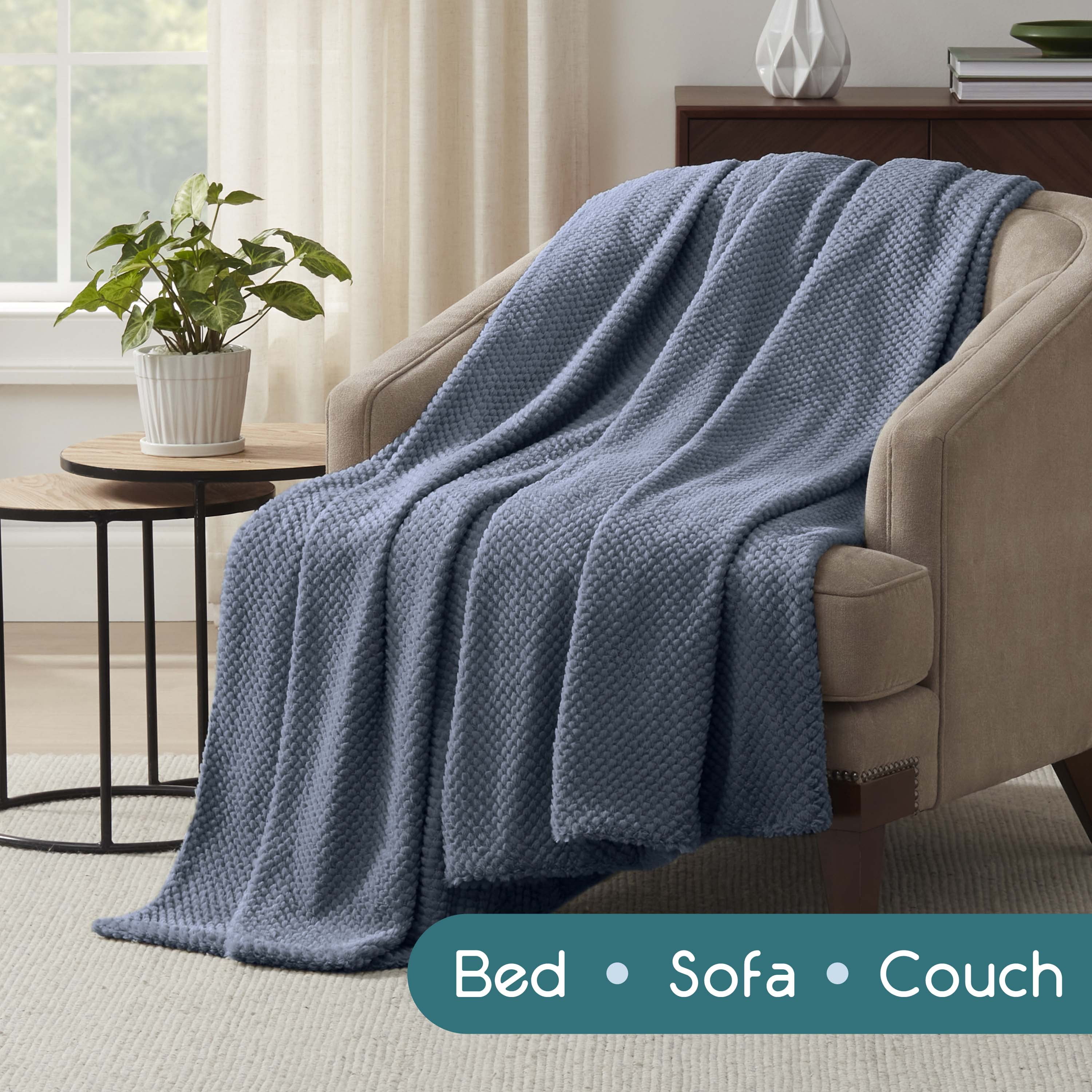 Vellux King Plush Texture Blanket | Ultra Soft Lightweight All-Season Throw | Denim