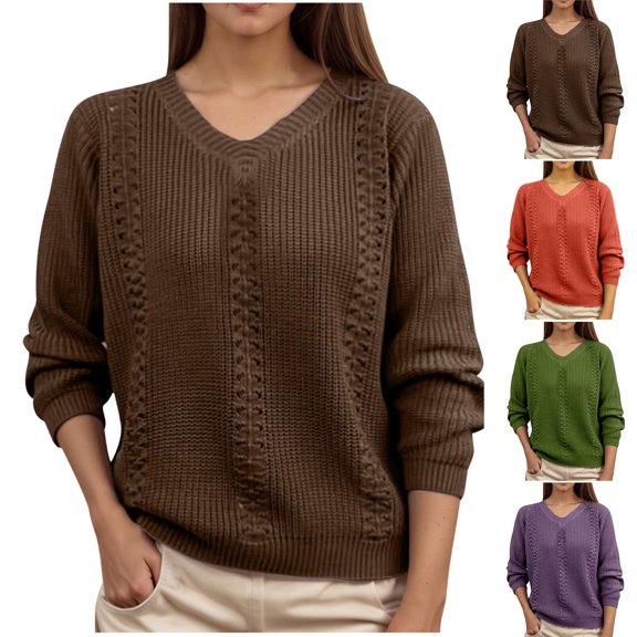 Vynhevius Women V‑Neck Sweater Cable Knit Long Sleeve Loose Fit Casual Fall Winter Pullover Top