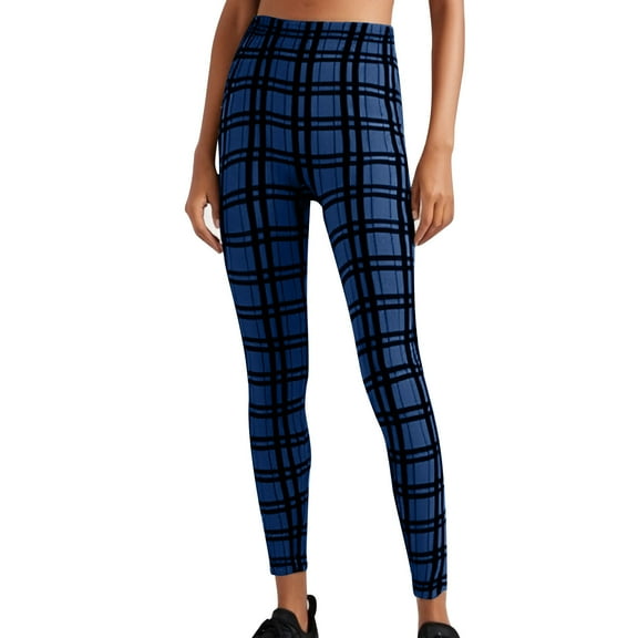 Ousvtion Plaid Legging for Women High Waist Tights Workout Yoga Pants Stretch Tummy Control Leggings Soft Loungewear Clearance Saving,Blue,Medium