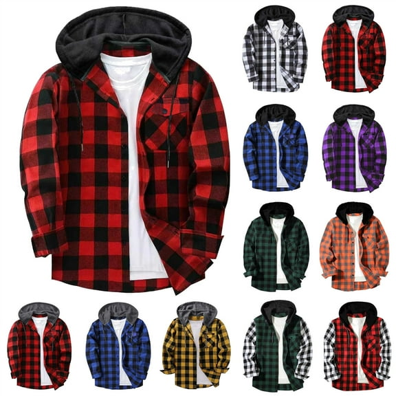 BiZtdJrK Men's Casual Button Down Plaid Shirt Jackets with Hooded Chest Pocket Patchwork Long Sleeve Hoodie Fashion Clothes, Army Green, L