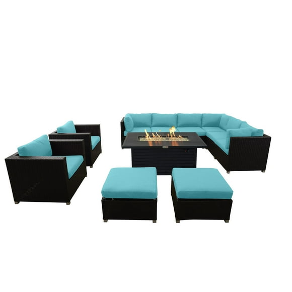 Ensemble de conversation de patio en aluminium de 11 pièces de la collection Innesbrook avec coussins aquatiques et table à feu rectangulaire