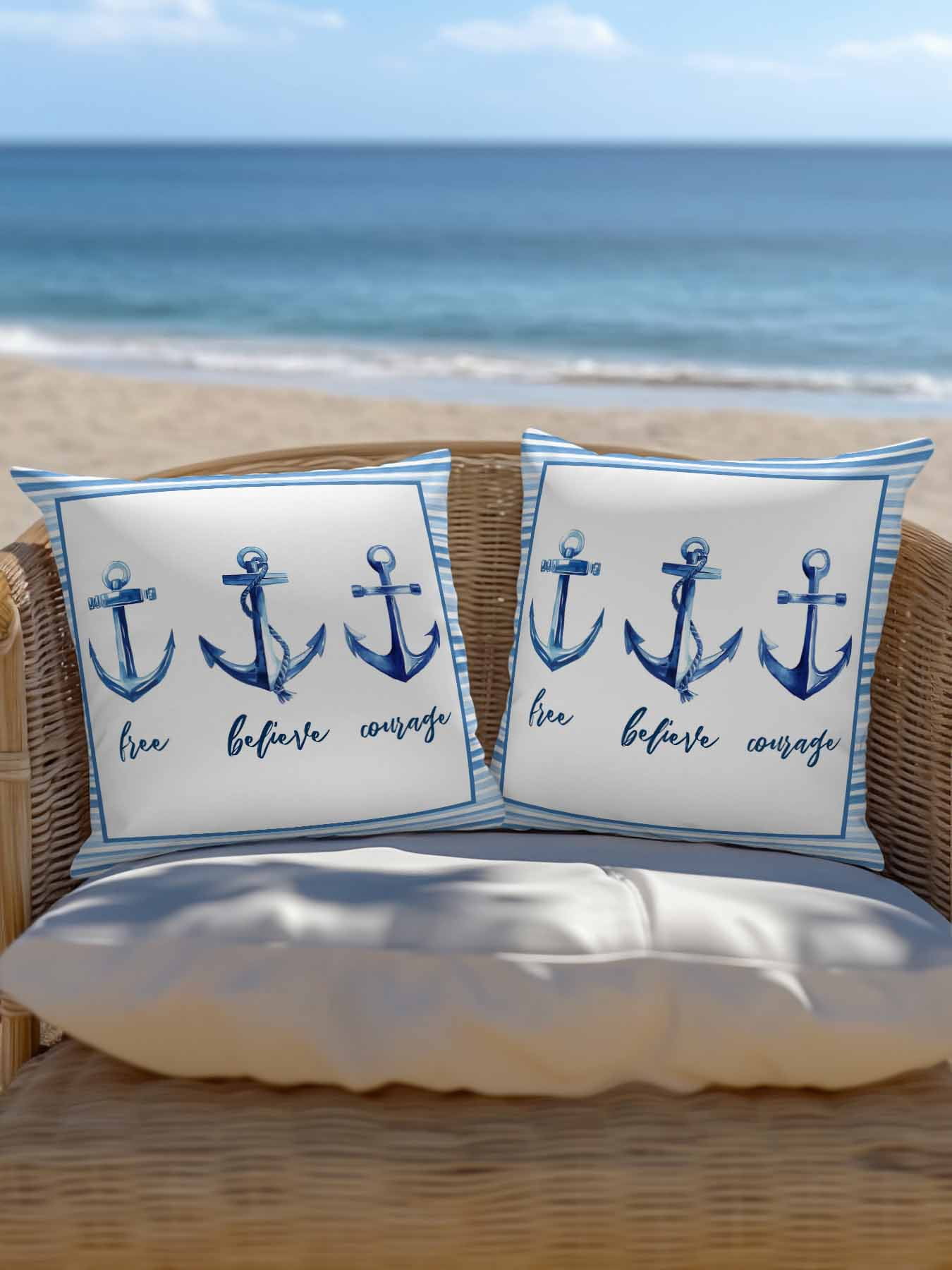 1 Pack Outdoor Pillows Waterproof, Nautical Anchor Indoor/Outdoor Throw Pillows with Inserts, Summer Coastal Ocean Anchor Blue Stripes Decorative Pillow for Patio Furniture Chairs Couch