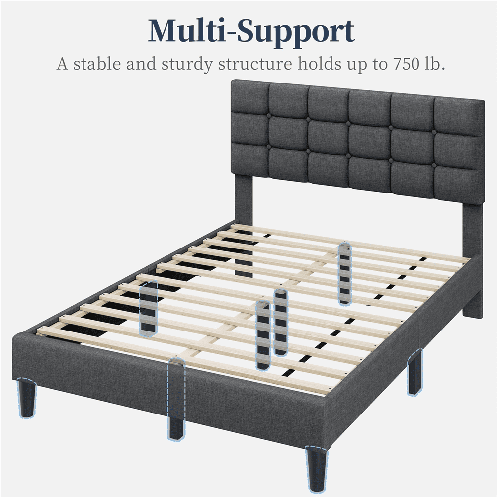 Renwick  Full Size Upholstered Platform Bed with Square Tufted Headboard, Dark Gray