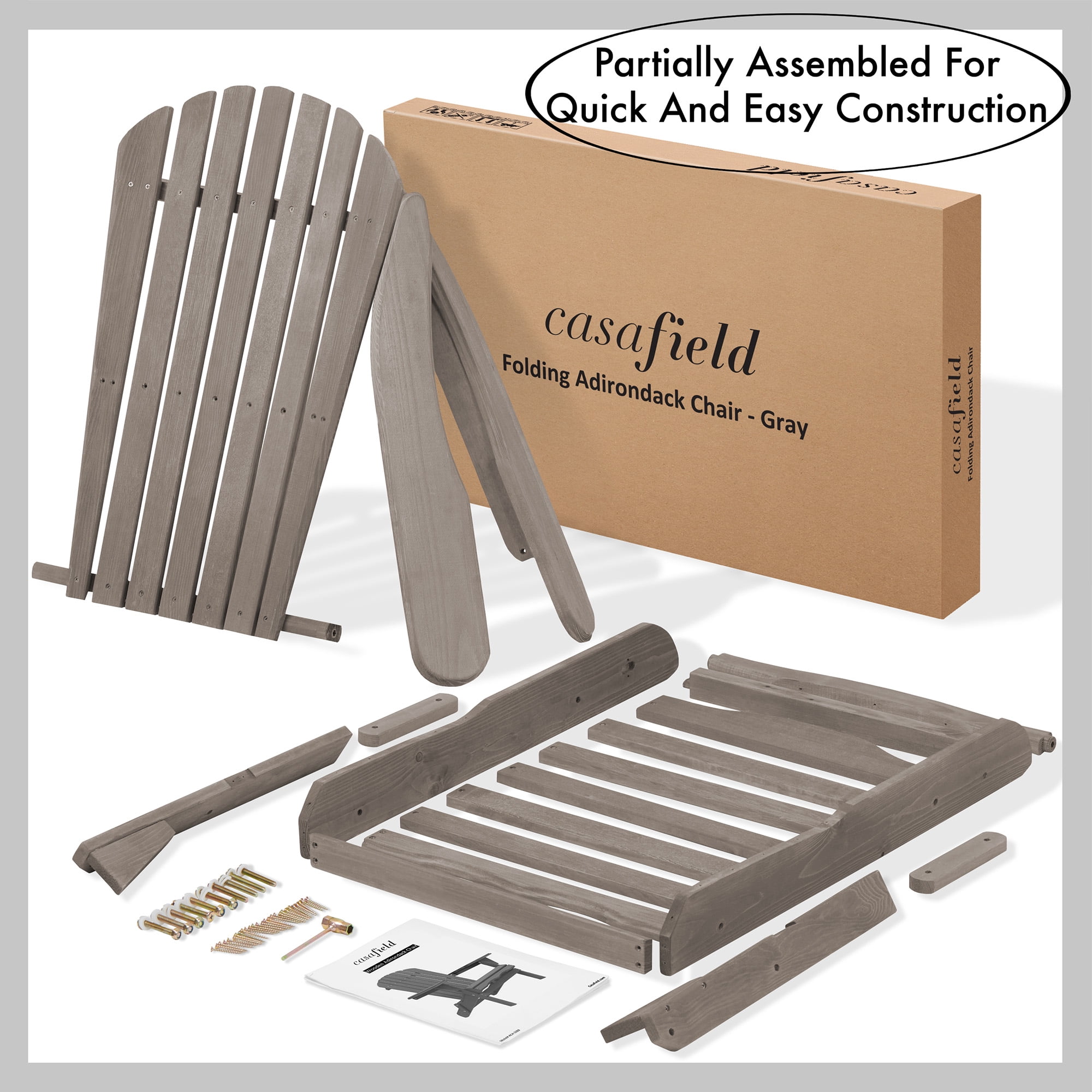 Casafield Folding Adirondack Chairs, Set of Four Cedar Wood Outdoor Fire Pit Lounge Chairs for Patio, Deck, Lawn and Garden Seating, Partially Pre-Assembled - Gray