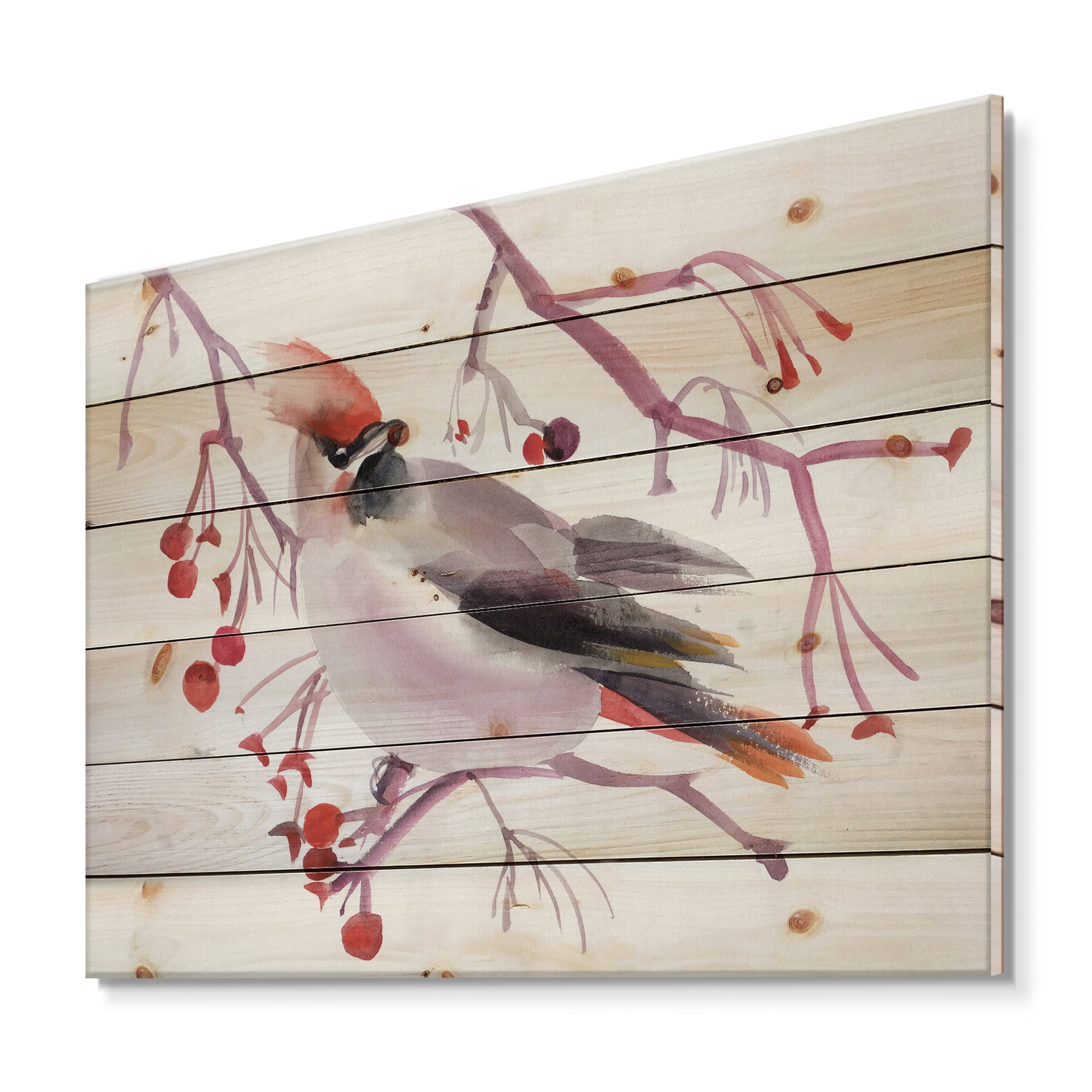 Designart 'Waxwing Bird Sitting On A Branch' Traditional Print on Natural Pine Wood