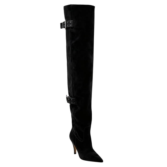 FSJ Women Chic Thigh High Boots Double Buckle Pointed Toe Side Half Zipeer Kitten Heel Over The Knee Boots Size 8 Black