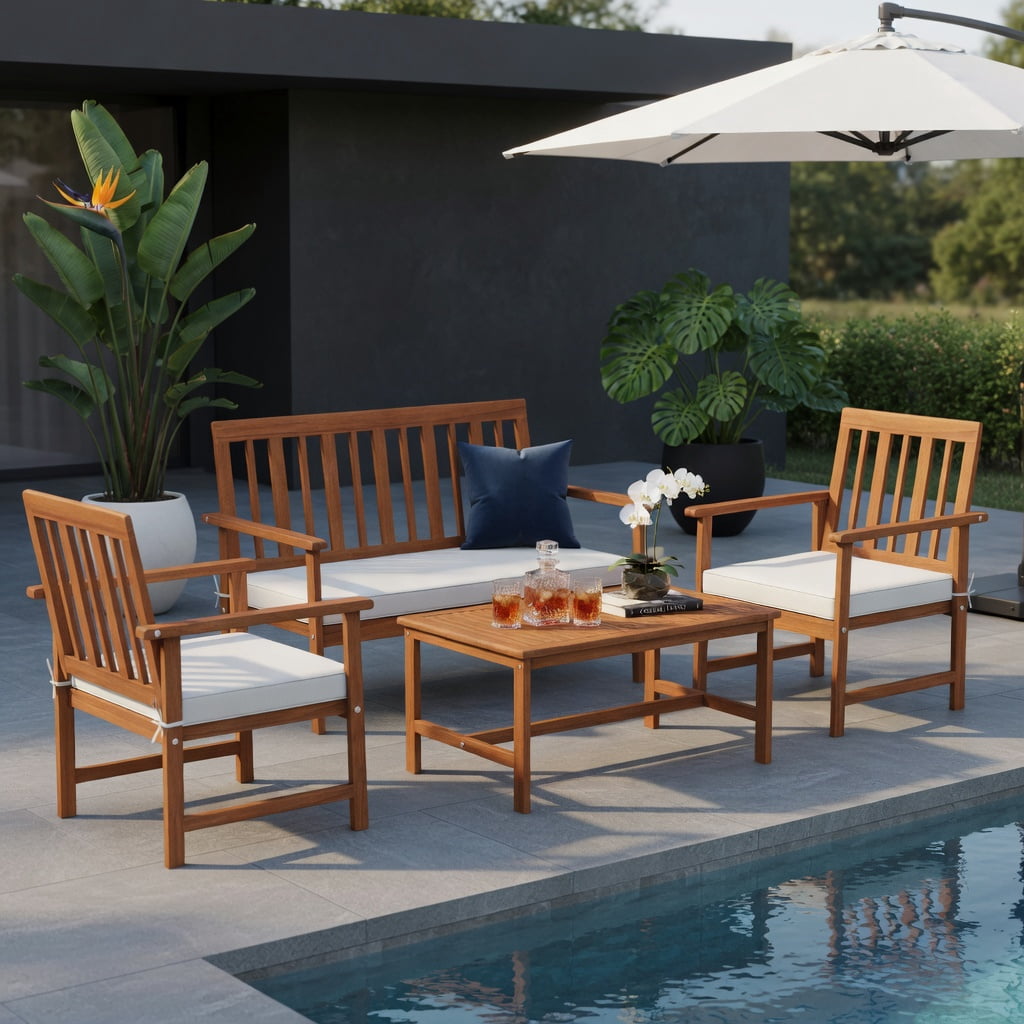 Hommoo 4-Piece Acacia Wood Outdoor Furniture Set, Wood Loveseat & Armchairs with Cushions, Coffee Table, Durable, Weather-Resistant Patio Set for Backyard, Porch & Poolside, White