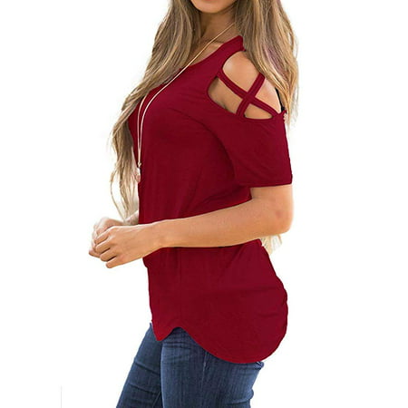 Women's Short Sleeve Cold Shoulder Shirts Crew Neck Casual T-Shirts ...