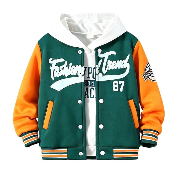 Wenfanal Kids Varsity Jackets Girls Boys Boy's Spring Baseball Jacket In Green With Orange And A Hood A Fashionable And Trendy Jacket. Size 6 Years,Green