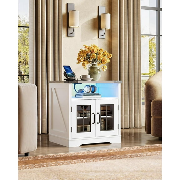 GETHFS Farmhouse End Table with Charging Station and LED Lights, Adjustable Storage Shelf Side Table for Living Room, Bedroom, or Office, Rustic Rectangular Nightstand, Greige