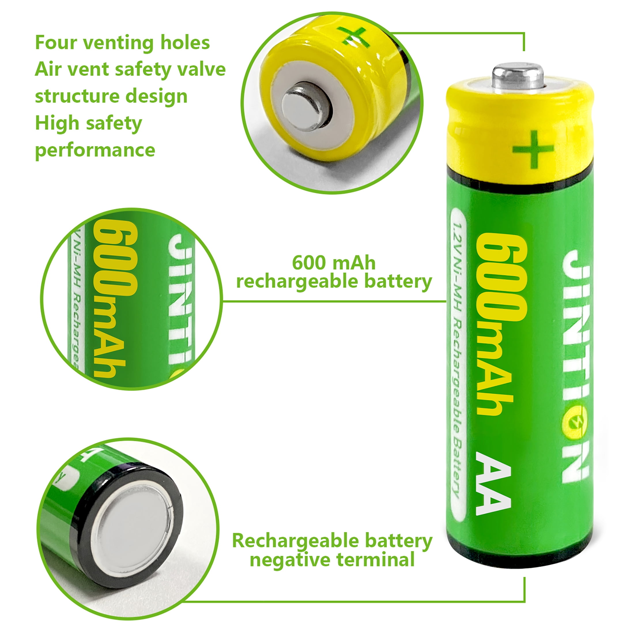 JINTION Rechargeable Aa Batteries, Double a Ni-MH 600mAh 1.2V Solar Battery