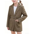 thumbnail image 2 of Girls Blazer Dress, Solid Color Lapel With Chain Belt, Long Sleeve Casual Suit Jacket For Kids Brown 11-12 Years, 2 of 6