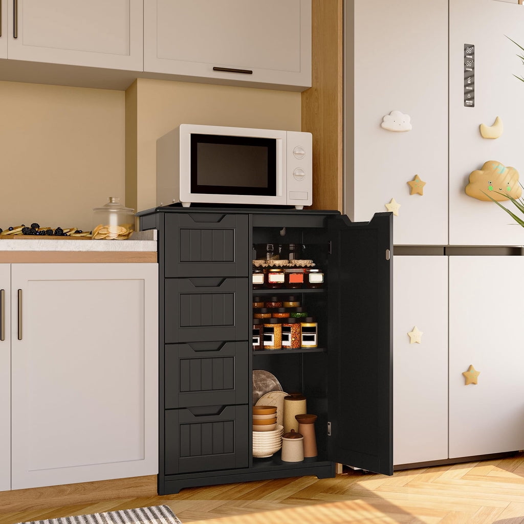 Aiho Wooden Kitchen Pantry Cabinet, 31.5"L Kitchen Storage Cabinets with 4 Drawers, 1 Door and Adjustable Shelves, For Kicchen, Dining Room, Livingroom, Bathroom - BLack