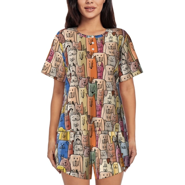 Fotbe Funny Dogs Family Conjunto de Pijama Estampado para Mujer, 2 Piezas, Ropa de Dormir con Camiseta de Manga Corta y Shorts Suaves-Medium