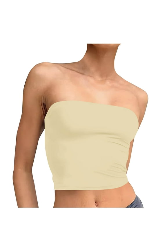 Womens Tube Tops Solid Color Sleeveless Strapless Crop Tops Bandeau Double Lined Basic Going Out Tank Top Yellow XS