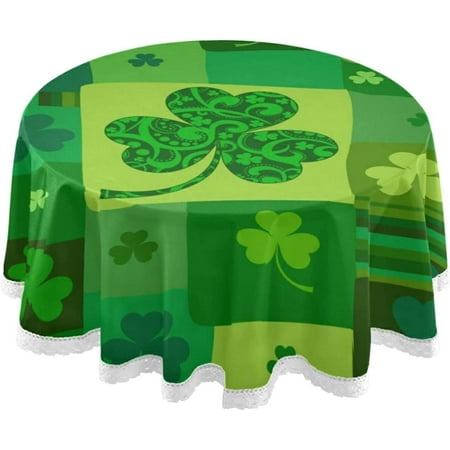 SKYSONIC St Patrick's Day Plaid Round Tablecloth Green Clover Leaf Washable Polyester Table Cloth Home Restaurat Decorative Table Cover for Wedding Party Dining 60in