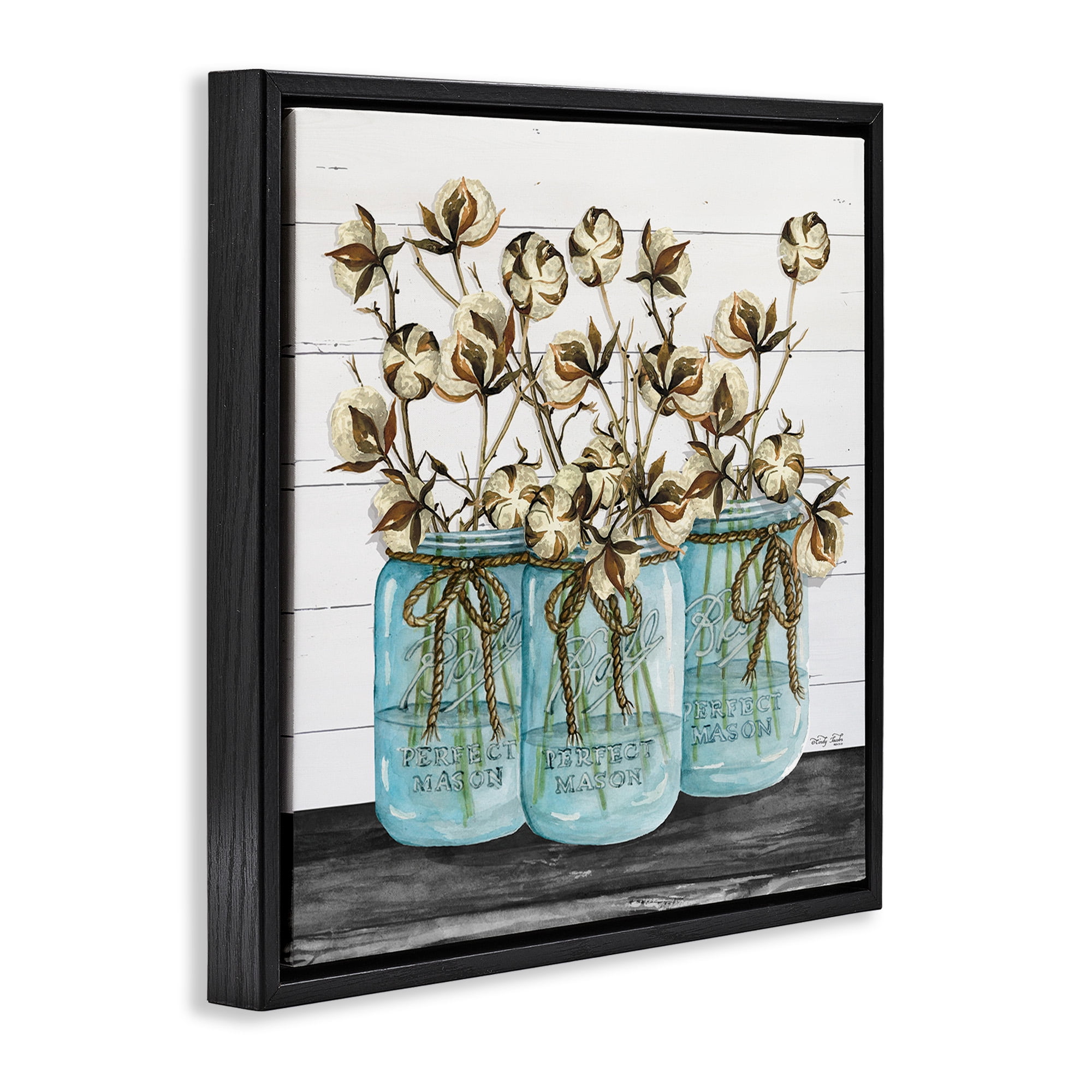 Stupell Industries Cotton in Rustic Jars Botanical & Floral Painting Black Floater Framed Canvas Art Print Wall Art, 18 x 18