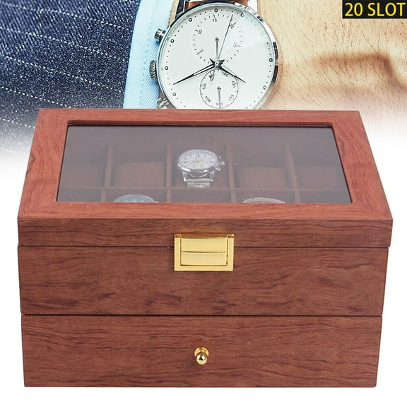 Miumaeov 20-Slot Wooden Watches Storage Box Jewelry Organizer Case Glass Top Storage Box with Drawer