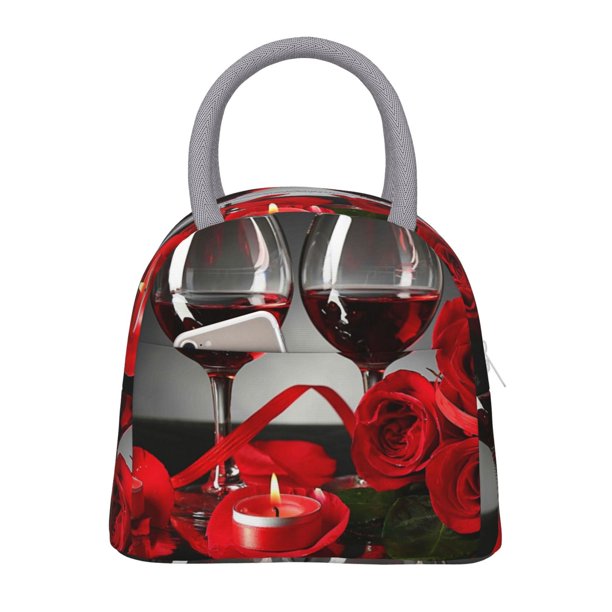Fotbe Red Wine Rose Bolsa de Almuerzo con Estampado, Lonchera Aislada, Contenedor de Comida Reutilizable Tipo Cooler a Prueba de Fugas