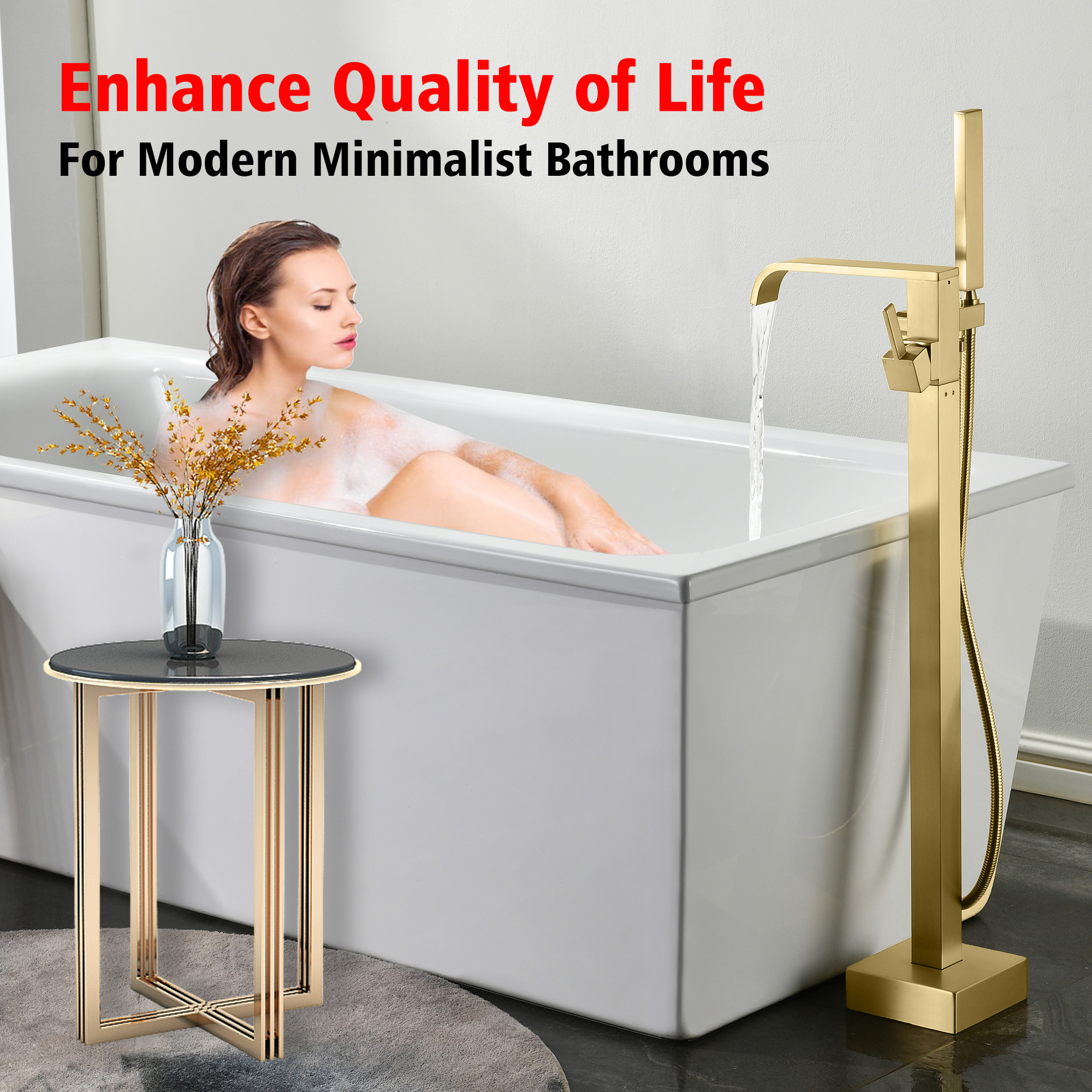 SUMERAIN Bathroom Freestanding Tub Filler Faucet, Brushed Gold Waterfall Floor Mount Bathtub Faucet with Hand Shower, High Flow